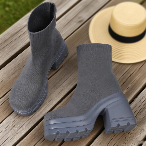 ⚡Women Grey Knit Square Toe Stretch Soft Block High Heel Punk Dress Sock Boots - Picture 5 of 6